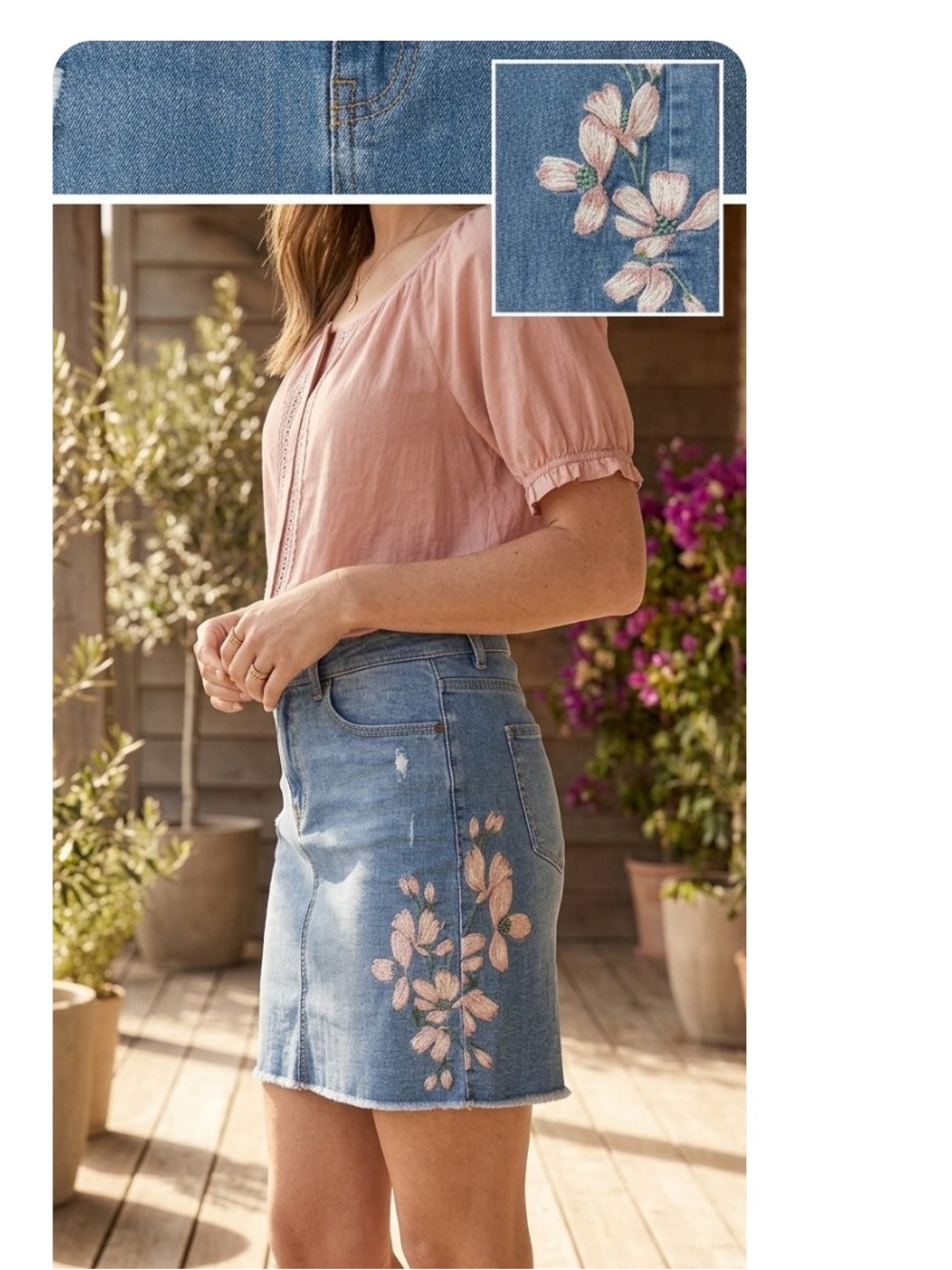 LOFT Outlet Blue Denim Mini Skirt with Pink Floral Embroidery & Frayed Hem Sz 12